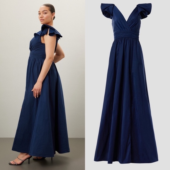 MARCHESA Navy Taffeta Ruffled Shoulder V-Neck Ruched Waist Low Back Ball Gown 4 - Picture 12 of 13